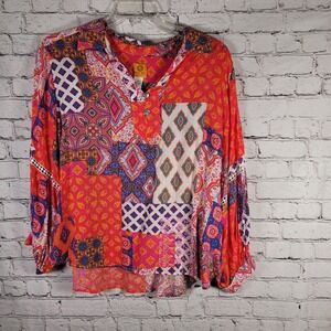 Ruby Rd Geometric Print Long Sleeve Blouse size 2X Pink‎ Multi Boho Sparkle